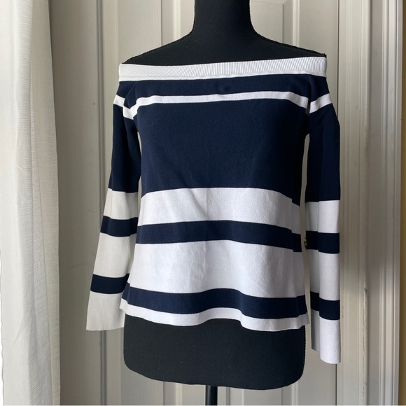 𝅺j Crew Off Shoulder Striped Sweater size XS Navy White - Picture 2 of 10